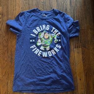 Disney Blue Tee with Buzz Lightyear and Fireworks Text